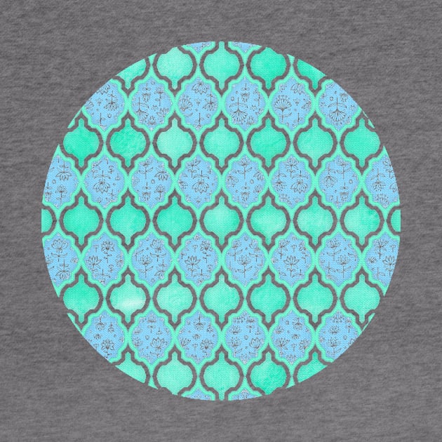 Moroccan Aqua Doodle pattern in mint green, blue & white by micklyn